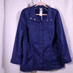 Chicos 3 Womens 16/18 Navy Blue Polka Dot Luxe Twill Utility Snap Button Jacket
